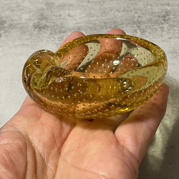 Vintage Mid-Century Alfredo Barbini Controlled Bubble Amber Trinket Dish 3"x1" - Picture 5 of 7